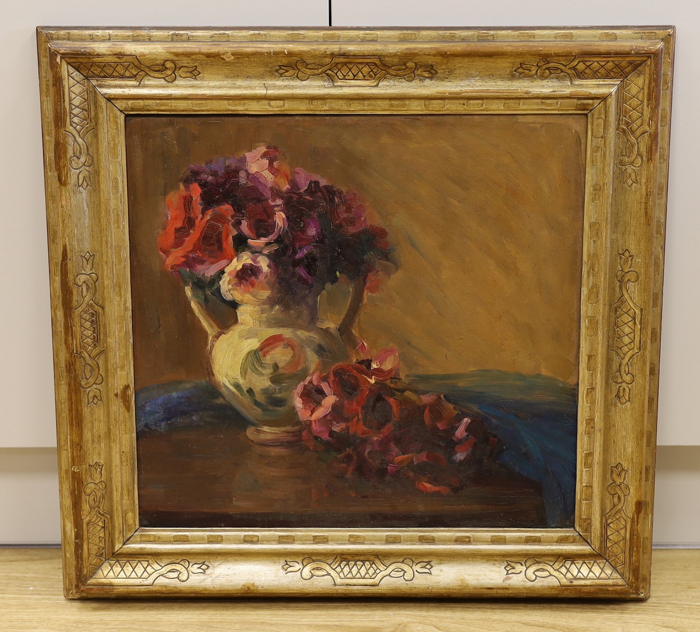 Early 20th century English School, oil on canvas, Still life of flowers in a jug, 45 x 48cm, Rowley Gallery frame
